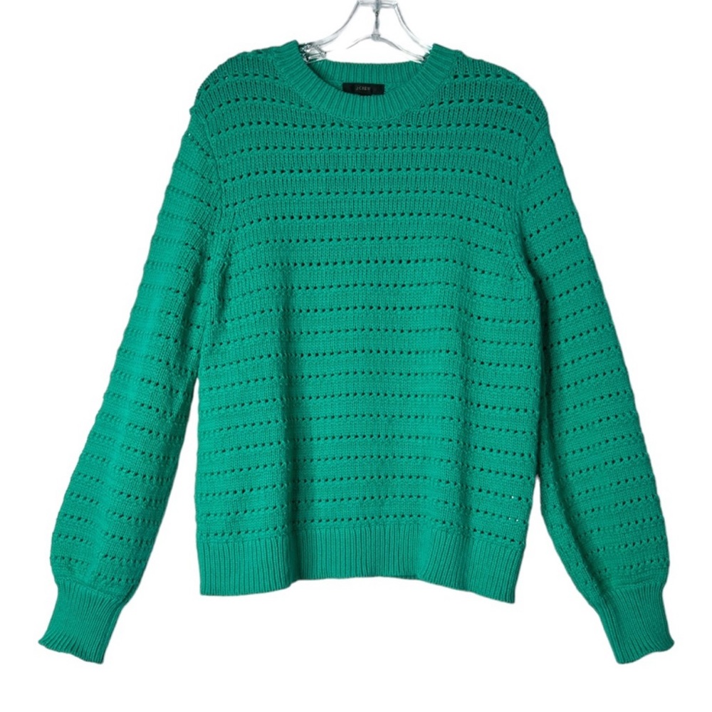 J. Crew Balloon Sleeve Pointelle Sweater Green Long Sleeve Crew Neck